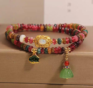 RAINBOW TOURMALINE DOUBLE-CIRCLE BRACELET WITH LOTUS PENDANT CHAIN