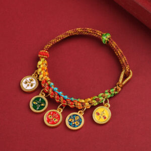 TIBETAN FIVE-WAY WEALTH GOD WOVEN BRACELET WITH PEACH BLOSSOM KNOT